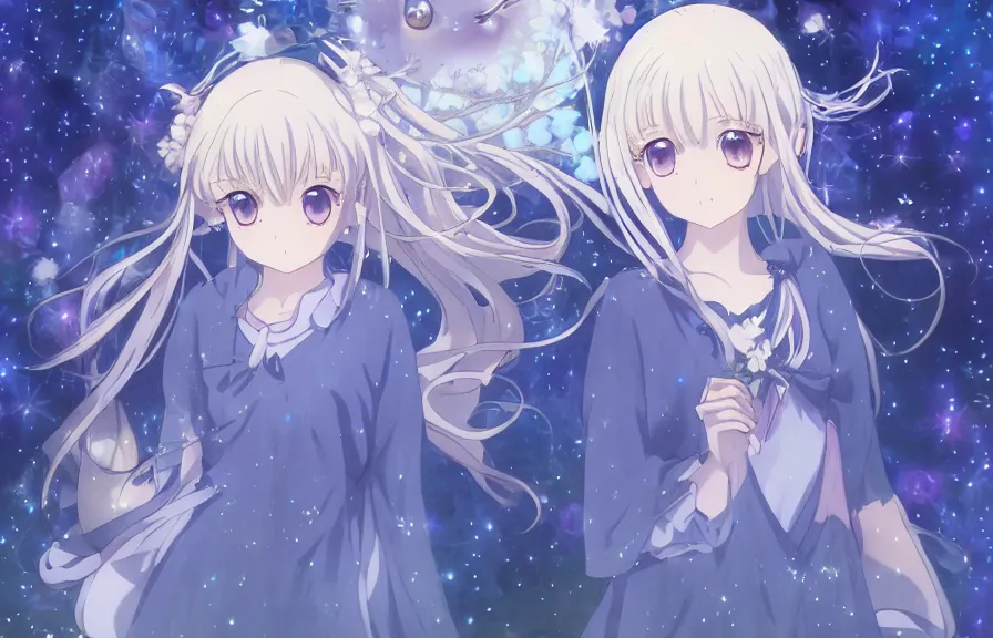 Image similar to Illyasviel ghibli clover | Big Moon at Blue Night | bioluminescent blue FLOWERS | strong blue rimlit | visual-key | anime illustration | highly detailed High resolution | Light Novel | Visual Novel | Gosick