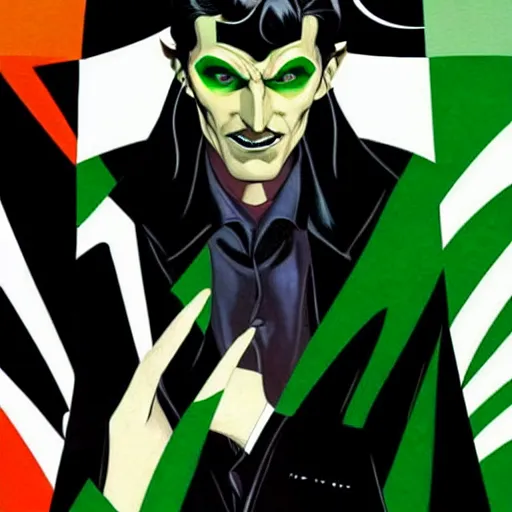 Image similar to Adam Hughes comic art, wide shot, handsome elegant male Nikola Tesla, futuristic spy, kabuki mask, beautiful evil sneer, symmetrical face, symmetrical eyes, leather clothing and boots, long straight green black hair, full body, Indigo occult pattern