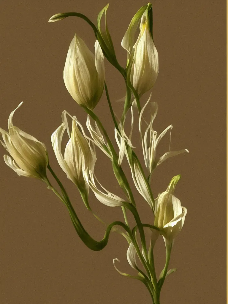 Image similar to single stem flower, st joseph lily, intricate detail, painted look, golden ratio, ethereal, infini - d - render,