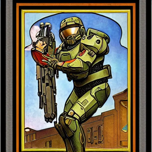 Image similar to art nouveau master chief in the style of norman rockwell