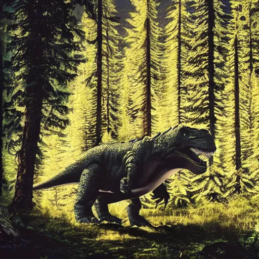 Image similar to a t - rex in the coniferous forest, background dolomites, cinematic, diffused light among the trees, artistic drawing