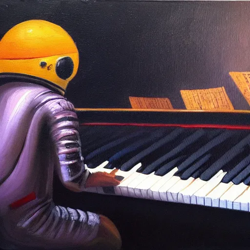 Image similar to a detailed oil painting of an astronaut playing keyboard