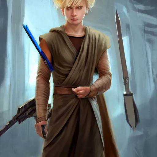 Prompt: a young blonde male jedi with short hair looking away at a threat full body shot concept art by Doug Chiang cinematic concept art, realistic painting, high definition, digital art, matte painting, symmetrical, very detailed, realistic, dramatic lighting, cinematic, establishing shot, extremely high detail, photo realistic, cinematic lighting, post processed, concept art, artstation, matte painting, red color scheme