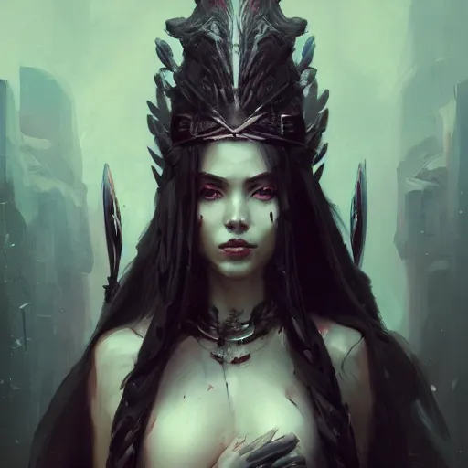 Image similar to a beautiful portrait of death goddess by Greg Rutkowski and Raymond Swanland, ominous background, Trending on Artstation