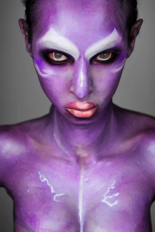 Prompt: purple - skinned alien girl, cosplay, photo shoot, body paint, beautiful symmetric face, studio lighting