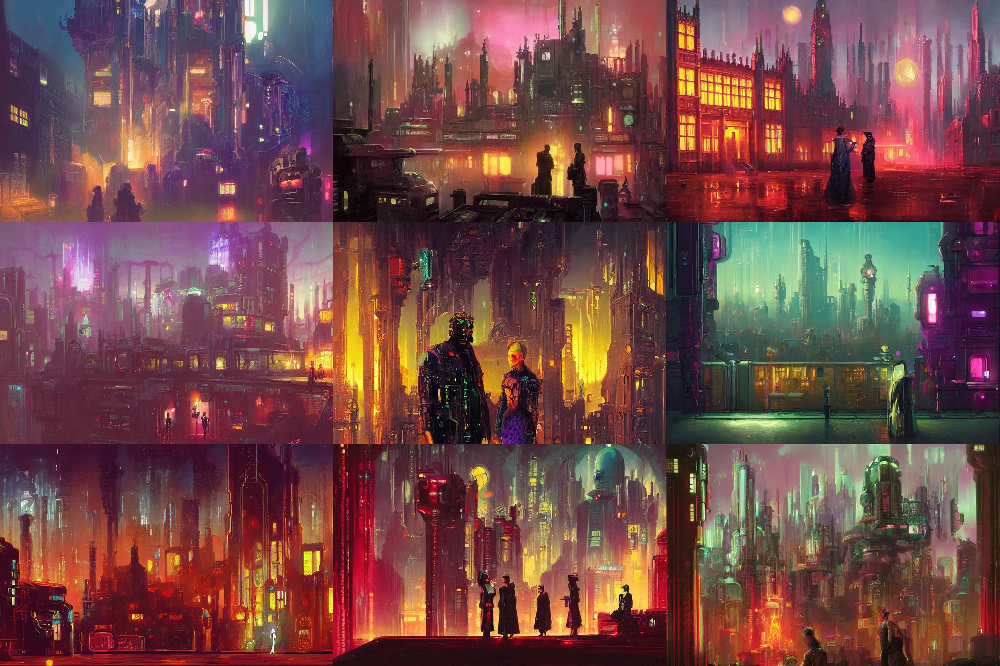 Prompt: a cyberpunk downton abbey by paul lehr