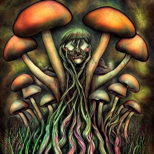 Image similar to the dark and ominous mushroom spirit tribe that wants you to bite off your own tongue so they can keep it for themselves, in a psychedelic darkfantasy style by amanda sage and anton semenov