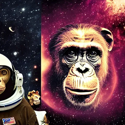 Image similar to double exposure portrait of astronaut and a chimpanzee astronaut with space and time in the the background by davinci, circles, psychedelic, pencil art, high definition, dynamic lighting stars, sharpness, golden ratio