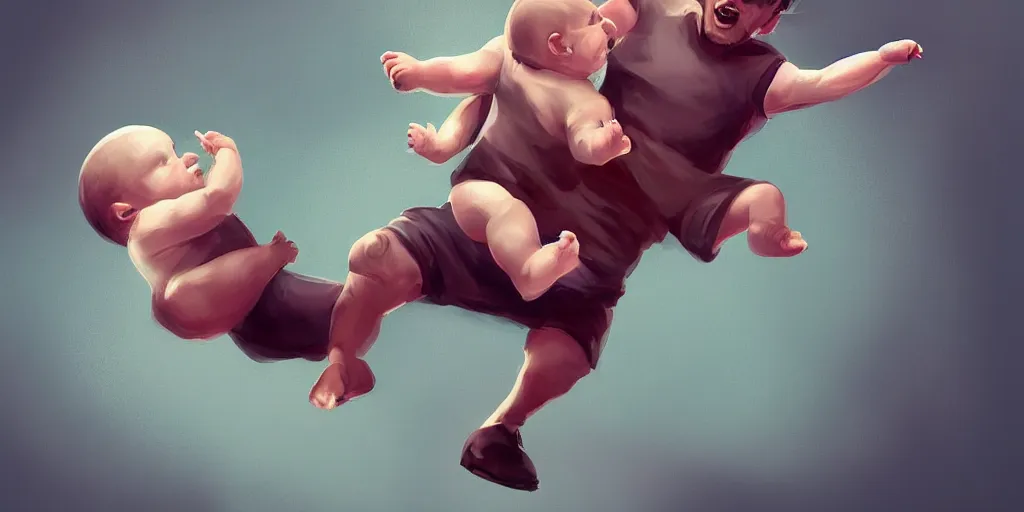 Image similar to a man kicking a baby like a football, detailed digital art, trending on Artstation