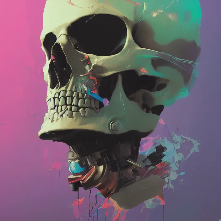 Prompt: a colorful comic noir illustration painting of a cyberpunk skull by sachin teng, sergey kolesov, sam yang, simon stalenhag. in style of digital art. hyper detailed, sharp focus, soft light. octane render. ray tracing. trending on artstation