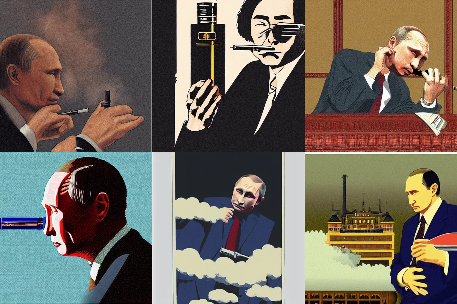 Prompt: vladimir putin vaping, created by hasui kawase, super - detailed, a lot of tiny details