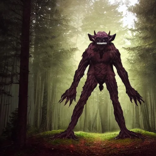 Prompt: a humanoid monster emerging from a forest