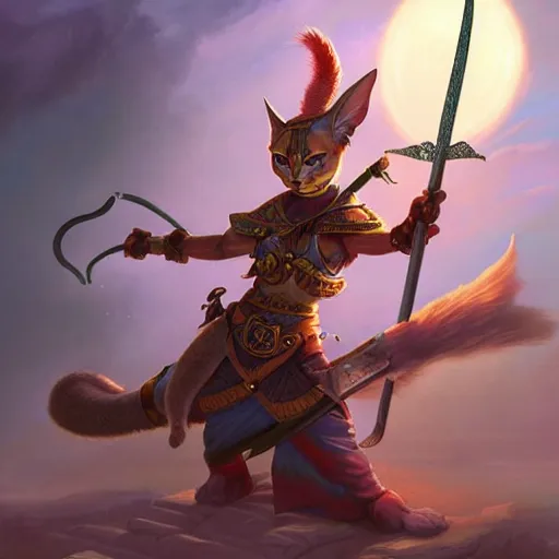 Image similar to tabaxi warrior wielding a sword, highly detailed matte fantasy painting, stormy lighting, by ross tran, by artgerm, by lisa frank, by brom, by peter mohrbacher