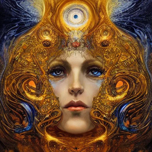 Image similar to Divine Chaos Engine by Karol Bak, Jean Deville, Gustav Klimt, and Vincent Van Gogh, beautiful visionary mystical portrait, sacred, otherworldly, fractal structures, ornate gilded medieval icon, third eye, spirals, handless, no hands