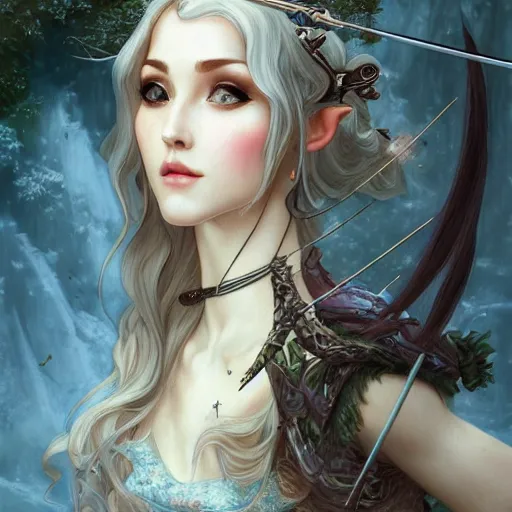 Image similar to a photograpic of elven archers, cute, fantasy, intricate, elegant, highly detailed, digital painting, artstation, long shot, photographic, half-body portrait, concept art, smooth, sharp focus, illustration, art by artgerm and H R Giger and alphonse mucha