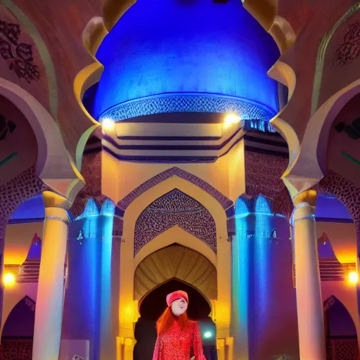 Image similar to redhead girl, blue dress, detailed, nasirolmolk mosque, colorful lights, by john howe _ h 7 0 4