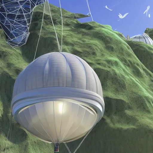 Prompt: futuristic hot air balloon house, ultra realistic, intricate details, highly detailed, photorealistic, 8 k, vegetation, water