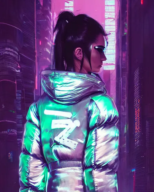 Image similar to neon operator kendall jenner, cyberpunk futuristic neon, reflective puffer jacket, decorated with traditional japanese ornaments by ismail inceoglu dragan bibin hans thoma greg rutkowski alexandros pyromallis nekro rene maritte illustrated, perfect face, fine details, realistic shaded, fine - face, pretty face