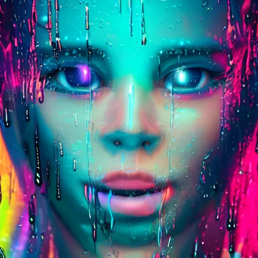 Prompt: splashes of neon, cartoon portrait made out of rain, trending on artstation, epic composition, emotional, beautiful, rendered in octane, unreal engine, highly detailed, realistic, galaxy background