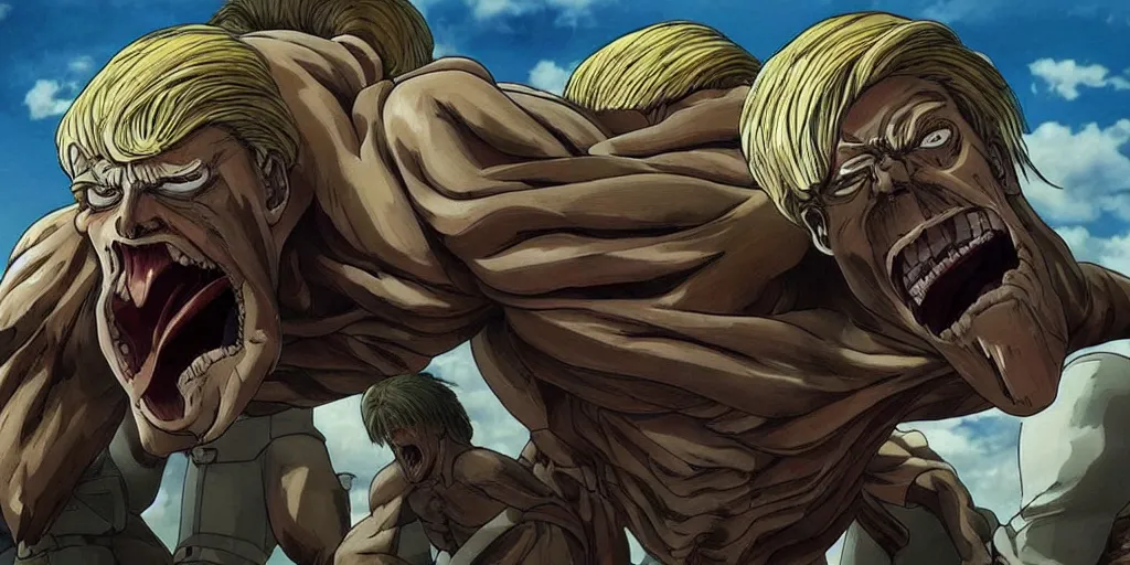 prompthunt: “ donald trump as an ugly titan, attack on titan