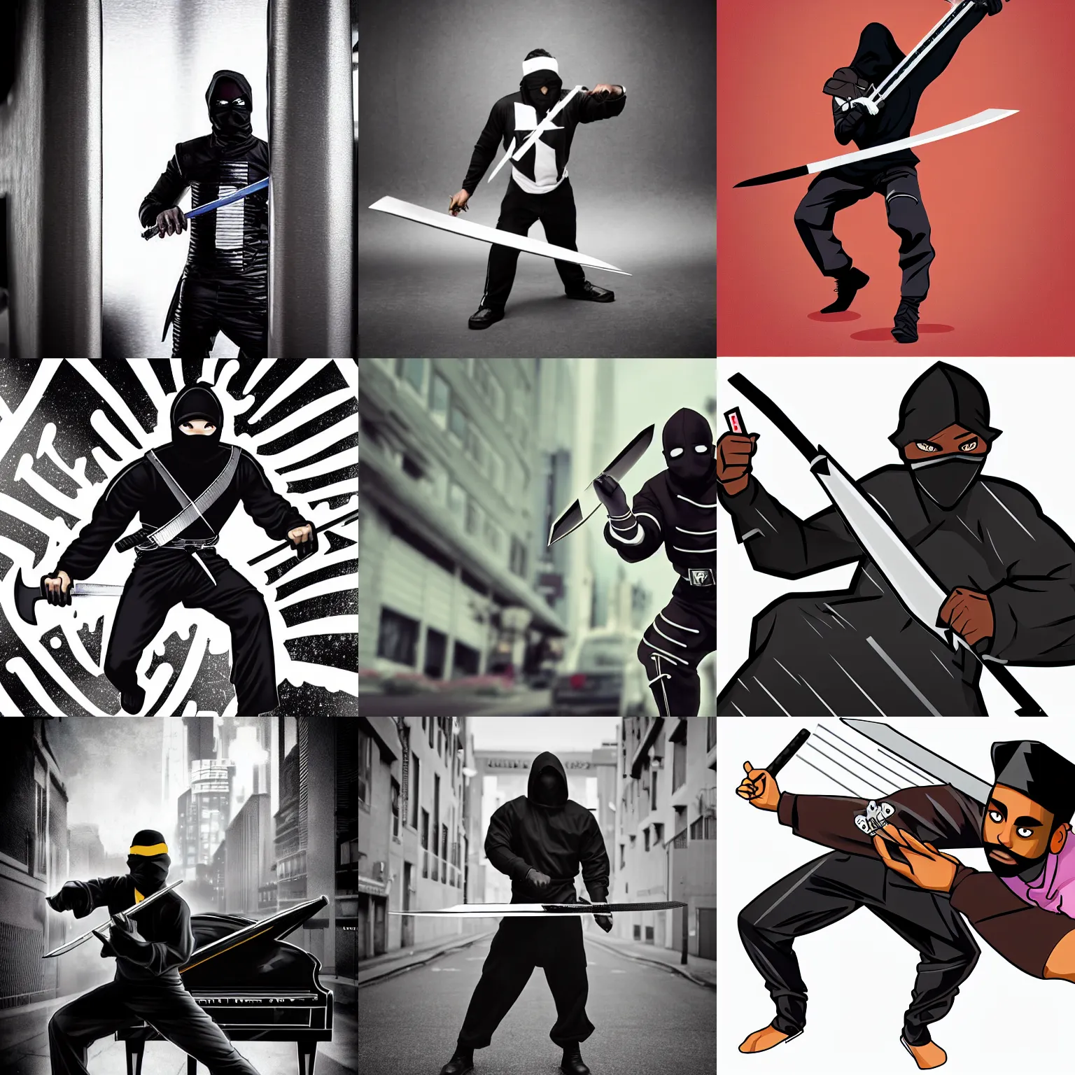 Prompt: an urban 🧔🏿‍♂️ crimefighting ninja musician wielding a sword that has a piano keybed as the blade, black and white color scheme