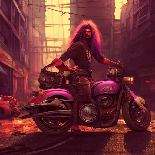 Prompt: portrait painting of a street samurai with long purple hair riding a motorcycle through a burning cyberpunk slum, glitchwave, ultra realistic, concept art, intricate details, eerie, highly detailed, photorealistic, octane render, 8 k, unreal engine. art by nivanh chanthara