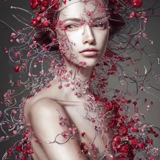 Image similar to the professional photoshoot of an absurdly beautiful, graceful, elegant, sophisticated, fashionable young model made of strawberries and white petals, an ultrafine hyperdetailed illustration by kim jung gi, irakli nadar, intricate linework, bright colors, octopath traveler, final fantasy, unreal engine 5 highly rendered, global illumination, radiant light, detailed and intricate environment