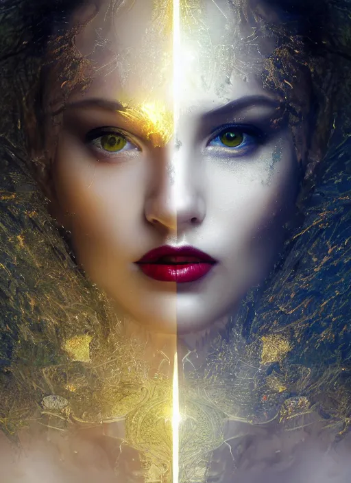 Image similar to double exposure effect, glowing silver and golden elements, full close-up portrait, realistic female model from shutterstock as a dark witch, book cover, green forest, white moon, red lips, establishing shot, extremly high detail, photo-realistic, cinematic lighting, pen and ink, intricate line drawings, by Yoshitaka Amano, Ruan Jia, Kentaro Miura, Artgerm, post processed, concept art, artstation, matte painting, style by eddie mendoza, raphael lacoste, alex ross