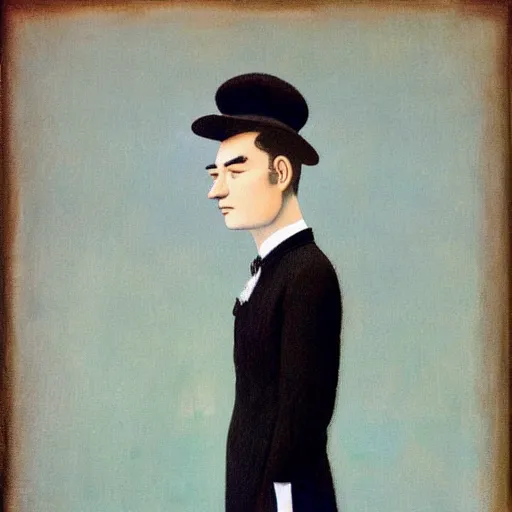 Image similar to full body painting of grumpy handsome thin beautiful man in his 2 0 s named min - jun in a french female maid outfit, modern clothing, elegant, clear, painting, stylized, delicate facial features, stylized thin lines, soft but grumpy, highly detailed, art, art by egon alphonse magritte