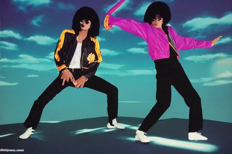 Image similar to Michael Jackson does karate moves in a aesthetic vaporwave outrun futuristic background