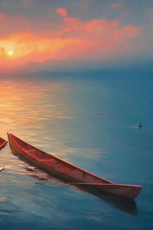 Prompt: closeup, young couple in a boat, clear water, surreal photography, sunrise, blue sky, dramatic light, impressionist painting, digital painting, artstation, simon stalenhag