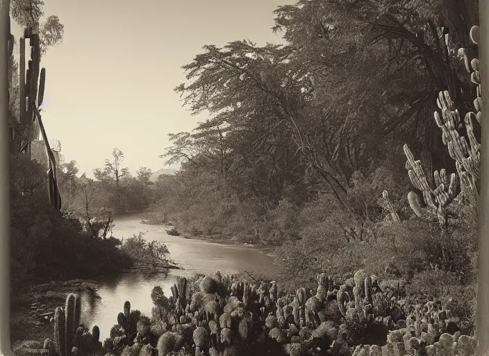 Image similar to Overlook of a river flowing through a cactus forest, albumen silver print by Timothy H. O'Sullivan.