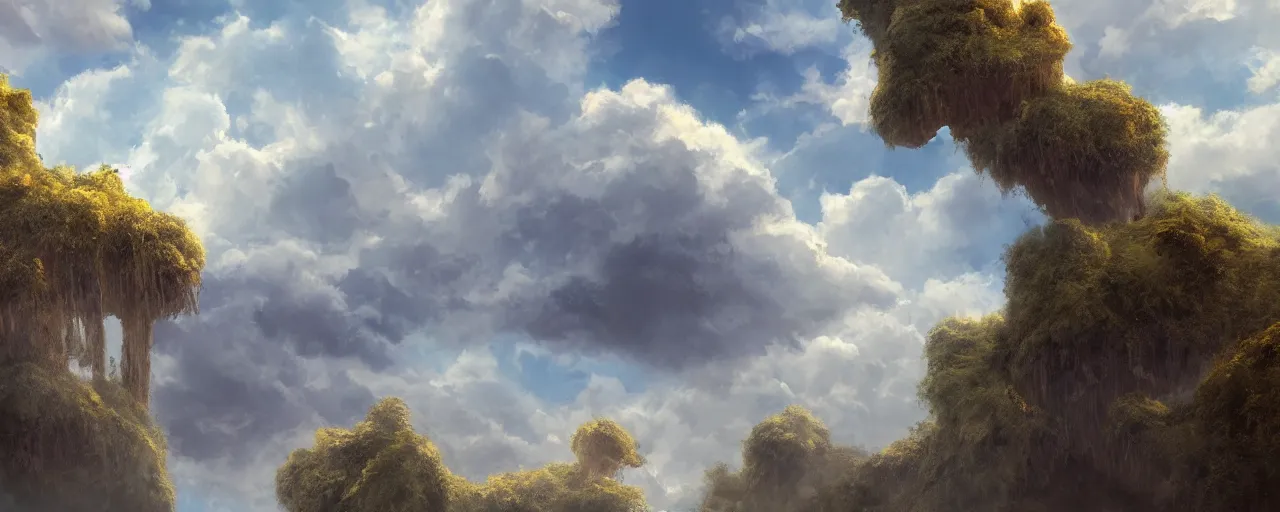 Image similar to peaceful puffy clouds, matte painting, concept art, 4k