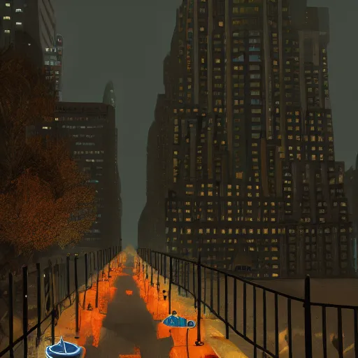 Image similar to ghost of New York, NYC sidewalk, city lights, spooky Halloween fun, trending on artstation, 8k, 4k, volumetric lighting, unity