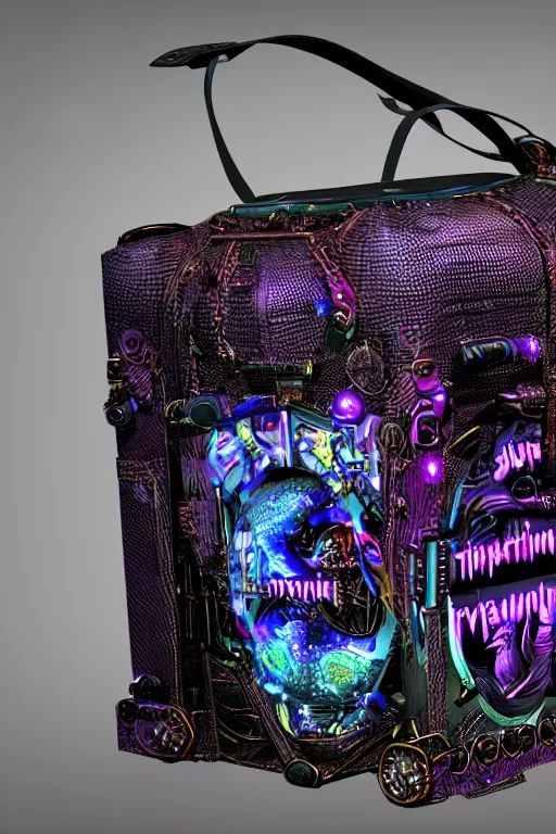 Image similar to photo of a luxury handbag, band merchandise, bandname is tripmachine, tourname is invasion of the tripmachines, realistic digital art, hanbag is textured with a 3 d render of a huge futuristic steampunk generator, 8 k, fluorescent colors, halluzinogenic, multicolored, exaggerated detailed, unreal engine