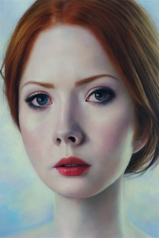 Prompt: Beautiful oil painting of Amy Pond by Chie Yoshii, portrait, pale, Doctor Who, symmetrical face, dramatic lighting, sharp focus, smooth, Karen Gillan