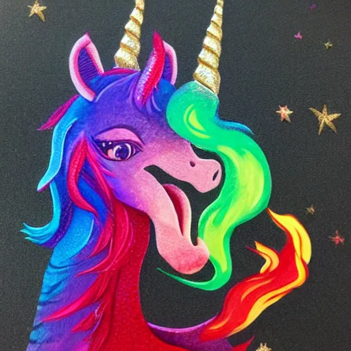 Prompt: unicorn dragon spitting rainbow fire, realistic