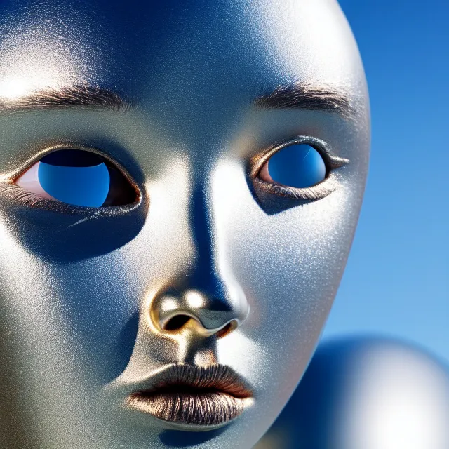 Prompt: portrait of metallic face, mercury, mirror reflections, smooth texture, liquid metal, proud, looking away, outdoor shot, blue sky, 8 k, realistic, depth of field, highly detailed, award winning photography