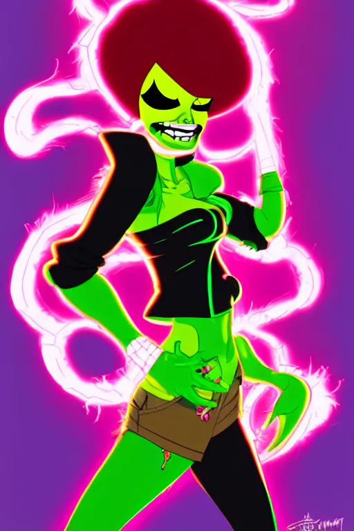 Prompt: toxic terri, a punk supervillainess with mutagenic powers, glowing energy effects, full color digital illustration in the style of don bluth, jamie hewlett, artgerm, artstation trending, 5 k