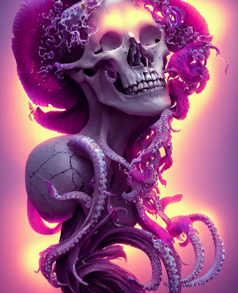 Image similar to goddess close - up portrait human skull, ram skull, squid phoenix jellyfish, orchid, betta fish, bioluminiscent, intricate artwork by tooth wu and wlop and beeple. octane render, trending on artstation, greg rutkowski very coherent symmetrical artwork. cinematic, hyper realism, high detail, octane render, 8 k