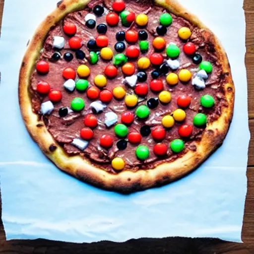 Image similar to pizza with nutella, skittles, gummi bears, and candy toppings, whipped cream