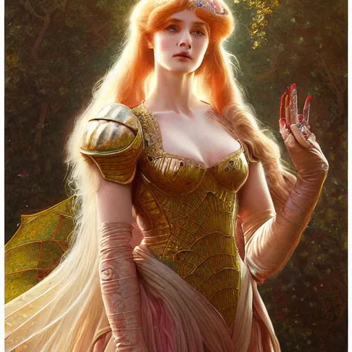 Image similar to beautiful striking Pre-Raphaelite Princess Peach wearing a suit of dragon scale armor, by Artgerm and Greg Rutkowski, pale, intricate, elegant, highly detailed, digital painting