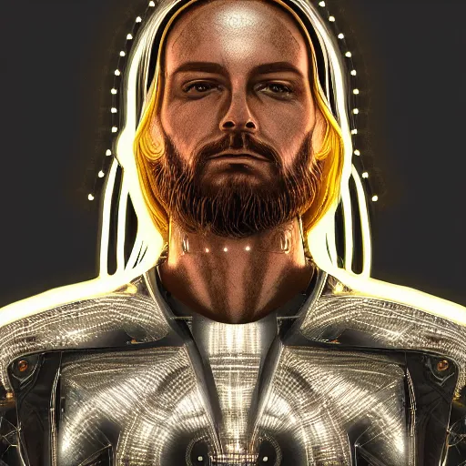 Image similar to chrome jesus, glossy, metallic, neon, symmetrical, tribal patterns, realistic, unreal engine, octane, redshift, artstation, behance