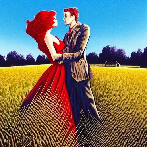 Prompt: rouge! moulin by jason edmiston, by dan mumford somber. a beautiful print of a man & a woman in a field of tall grass with the sun setting behind them