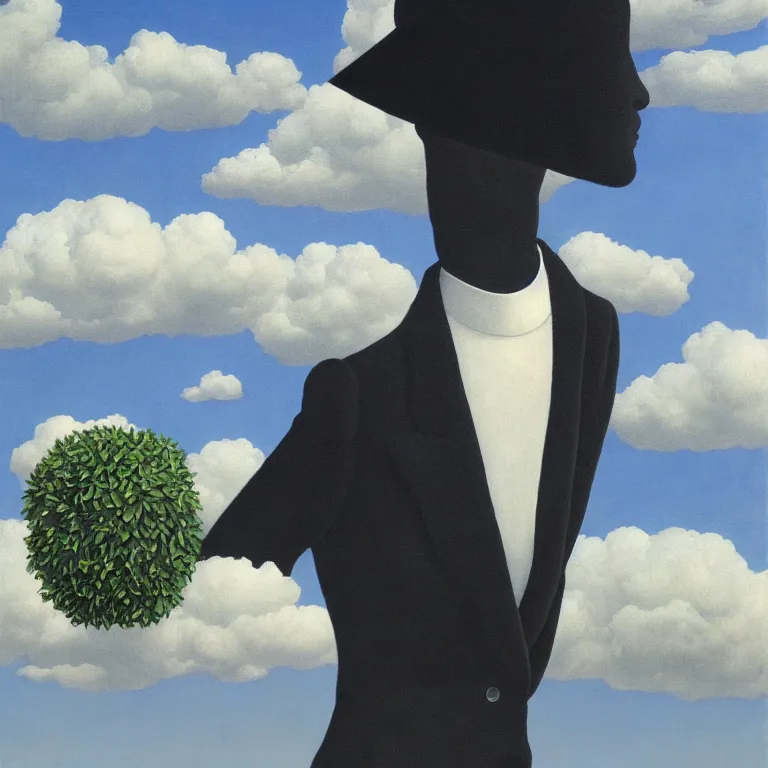 Image similar to portrait of a faceless shadow - head woman in a suit, clouds in the background, by rene magritte, detailed painting, distance, centered, hd, hq, high resolution, high detail, 4 k, 8 k