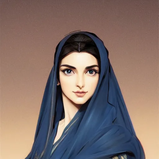 Image similar to modern Ameera al-Taweel, bright blue eyes, wavy black hair, white veil, highly detailed, digital painting, artstation, concept art, smooth, sharp focus, illustration, ArtStation, art by artgerm and greg rutkowski and alphonse mucha and J. C. Leyendecker and Edmund Blair Leighton and Katsuhiro Otomo and Geof Darrow and Phil hale and Ashley wood and Ilya repin and Charlie Bowater