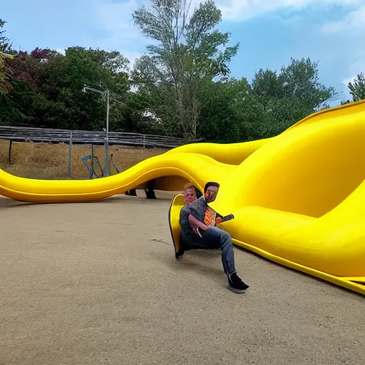 Image similar to boss ross screaming on a giant yellow slide