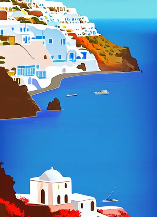 Image similar to a travel poster illustration depicting a house in santorini with an ocean view, white architecture, digital painting, vector art, trending on artstration, by anton fadeev, by alena aenami