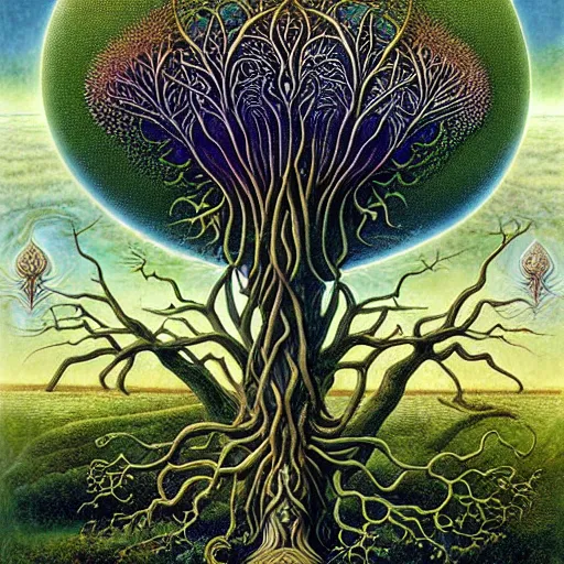 Prompt: sacred ancestral mulberry tree by roger dean and andrew ferez, art forms of nature by ernst haeckel, divine chaos engine, symbolist, visionary, art nouveau, botanical fractal structures, tree of life, lightning bolts, heimat, detailed, realistic, surreality