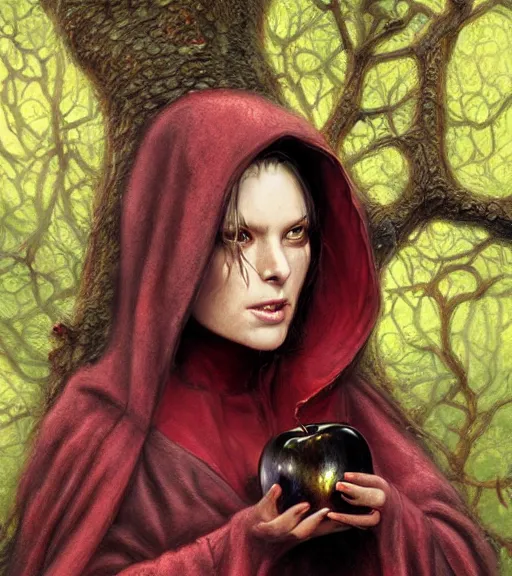 Prompt: a woman in a hooded cloak [ leaning against a tree ] holding an apple, looking at the viewer, roguish, fantasy digital painting, stunning, intricate details, artwork by ross tran and ralph horsley